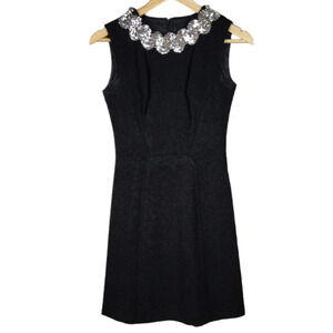 Vintage Leumann Italian Made Crepe Fit and Flare Dress Black Sequin Collar